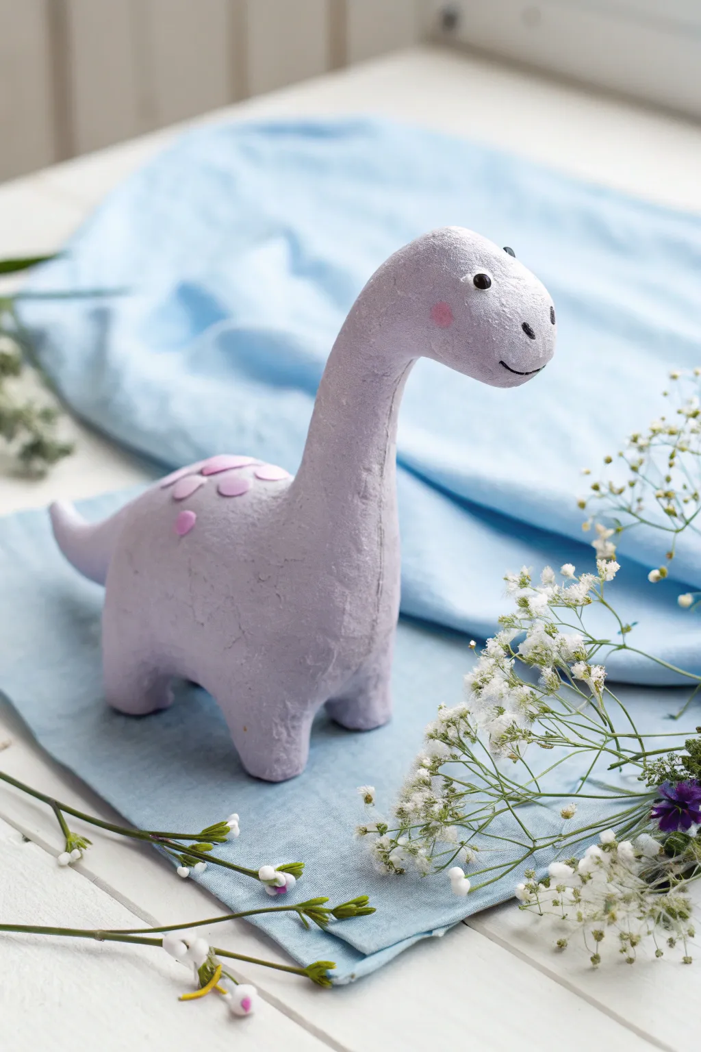 Lavender potato brachiosaurus with dot eyes and rosy cheeks, a simple air-dry clay idea