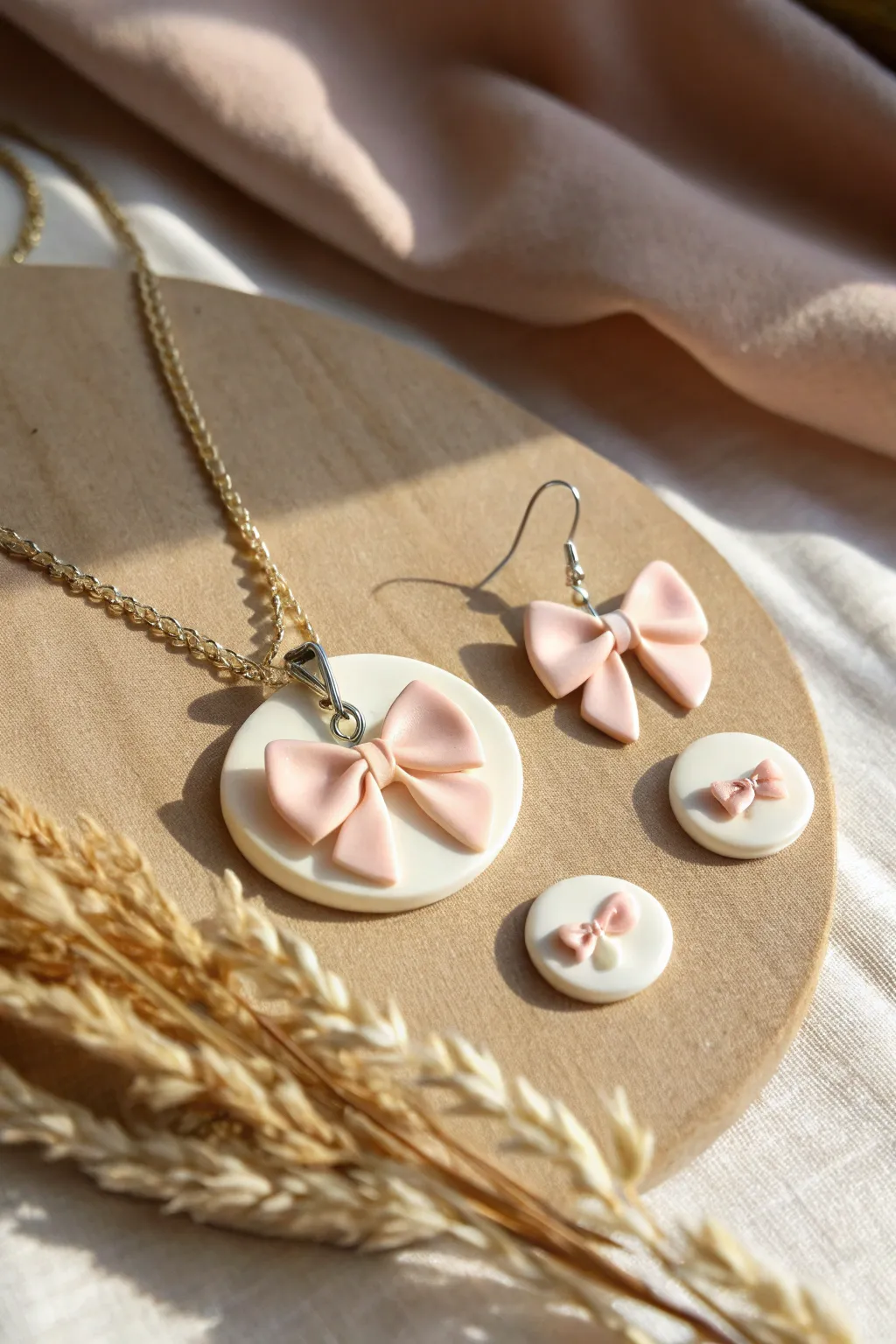 Minimal mouse-ear bow pendant set in glossy polymer clay, Scandinavian-boho sweetness.