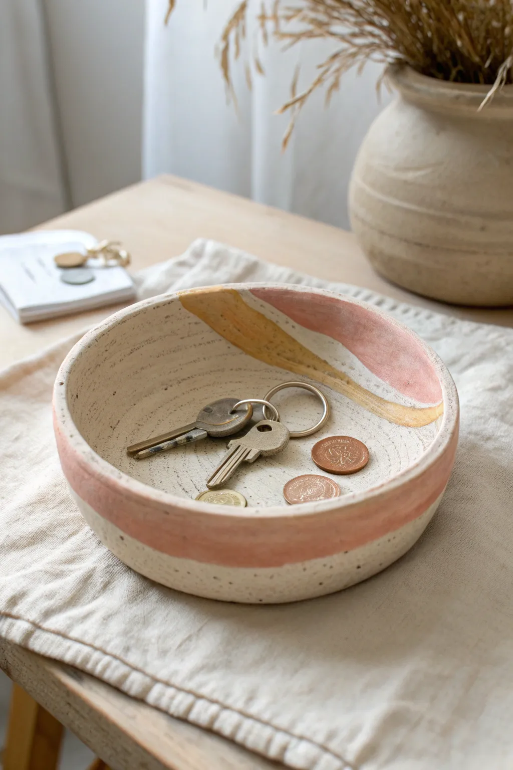 Wavy rim air-dry clay catchall bowl in soft stripes, perfect for keys and loose change.