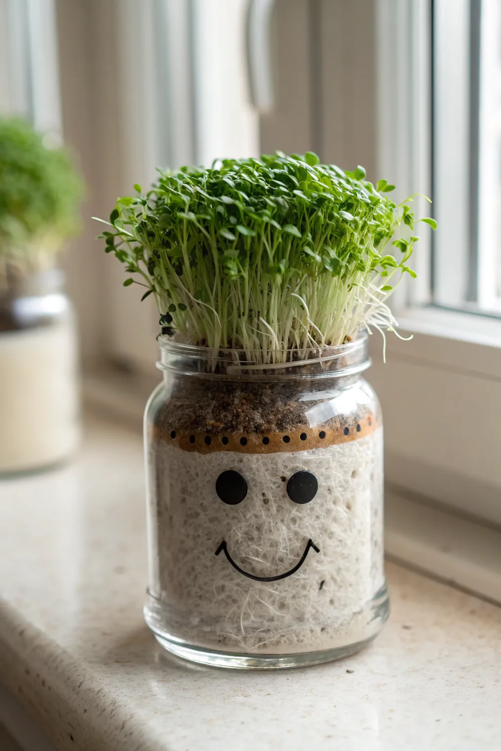 Bright upcycled jar chia pet with a sweet face, lush sprouts, and roots visible for easy watering.