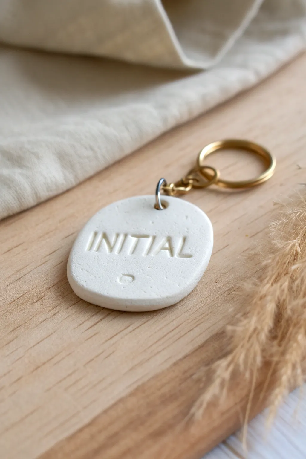 Simple stamped clay initial keychain in soft neutrals, minimal boho styling and crisp detail
