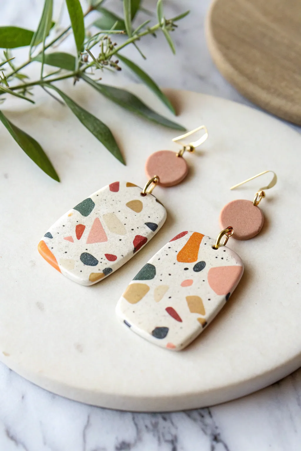 Terrazzo speckle drop earrings in soft boho hues, a chic minimalist DIY clay project.