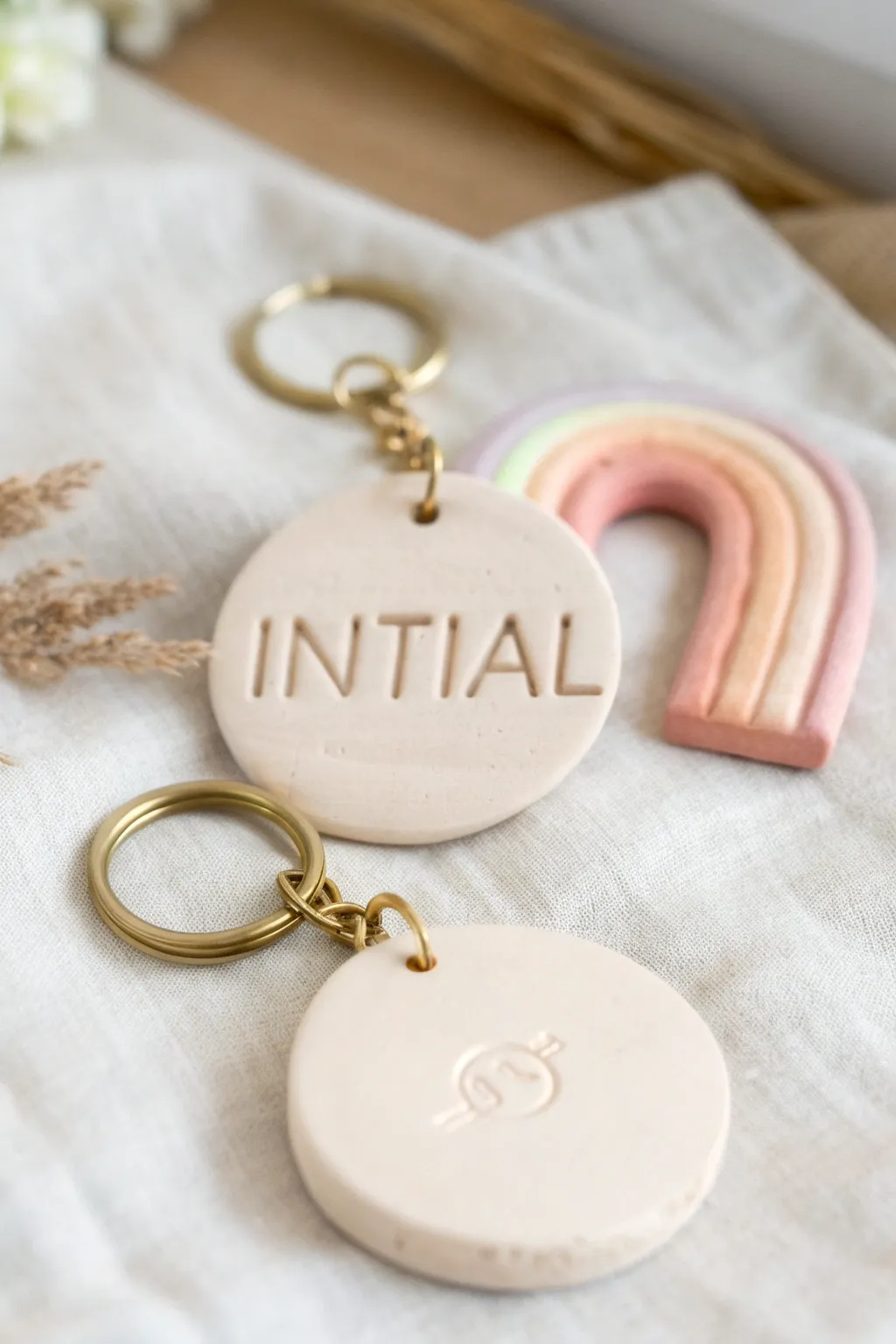 Chunky clay initial keychain ideas in soft neutrals—minimal, handmade, and gift-ready.