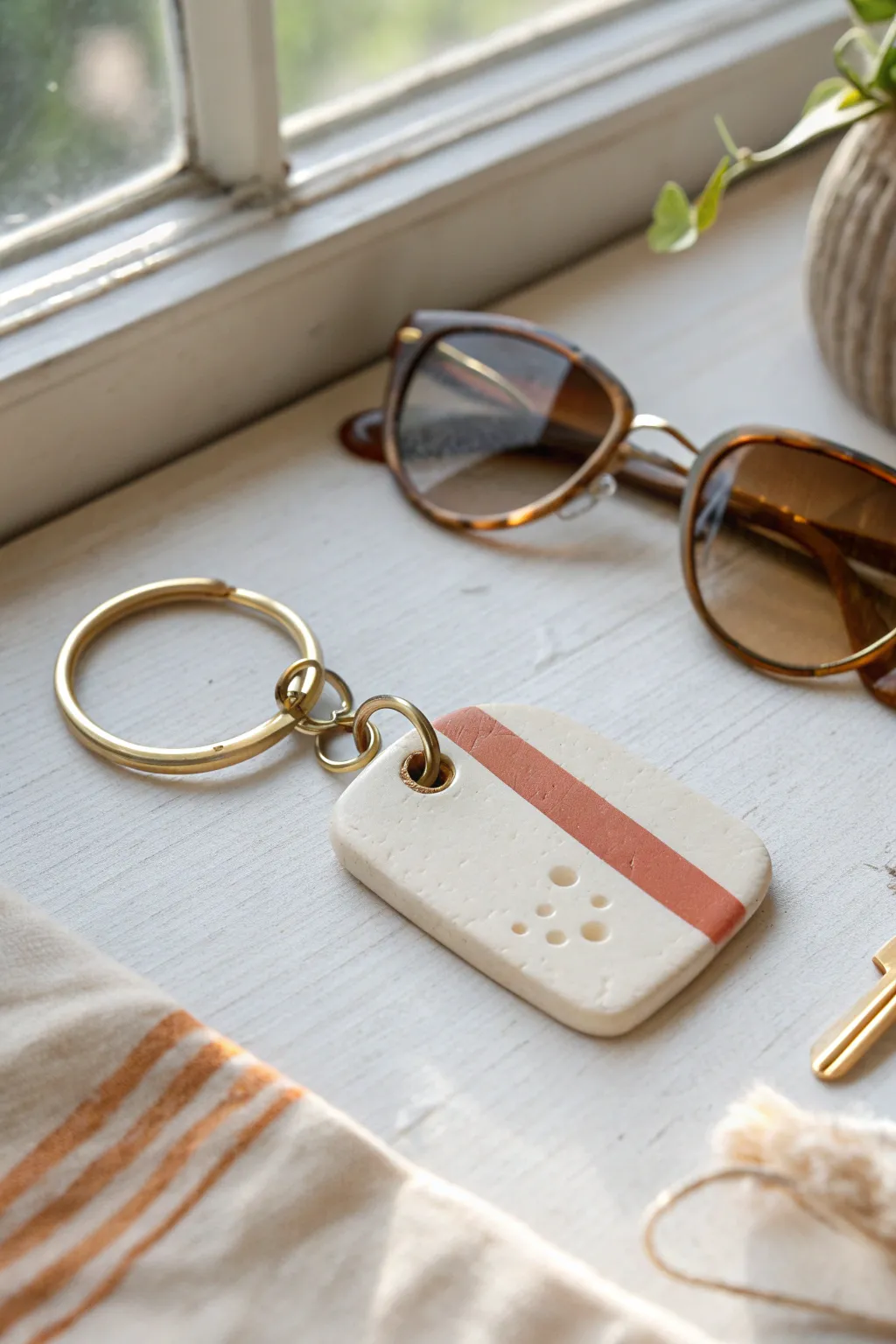 Minimalist clay tag keychain with brass hardware, soft neutrals, and a clean geometric finish