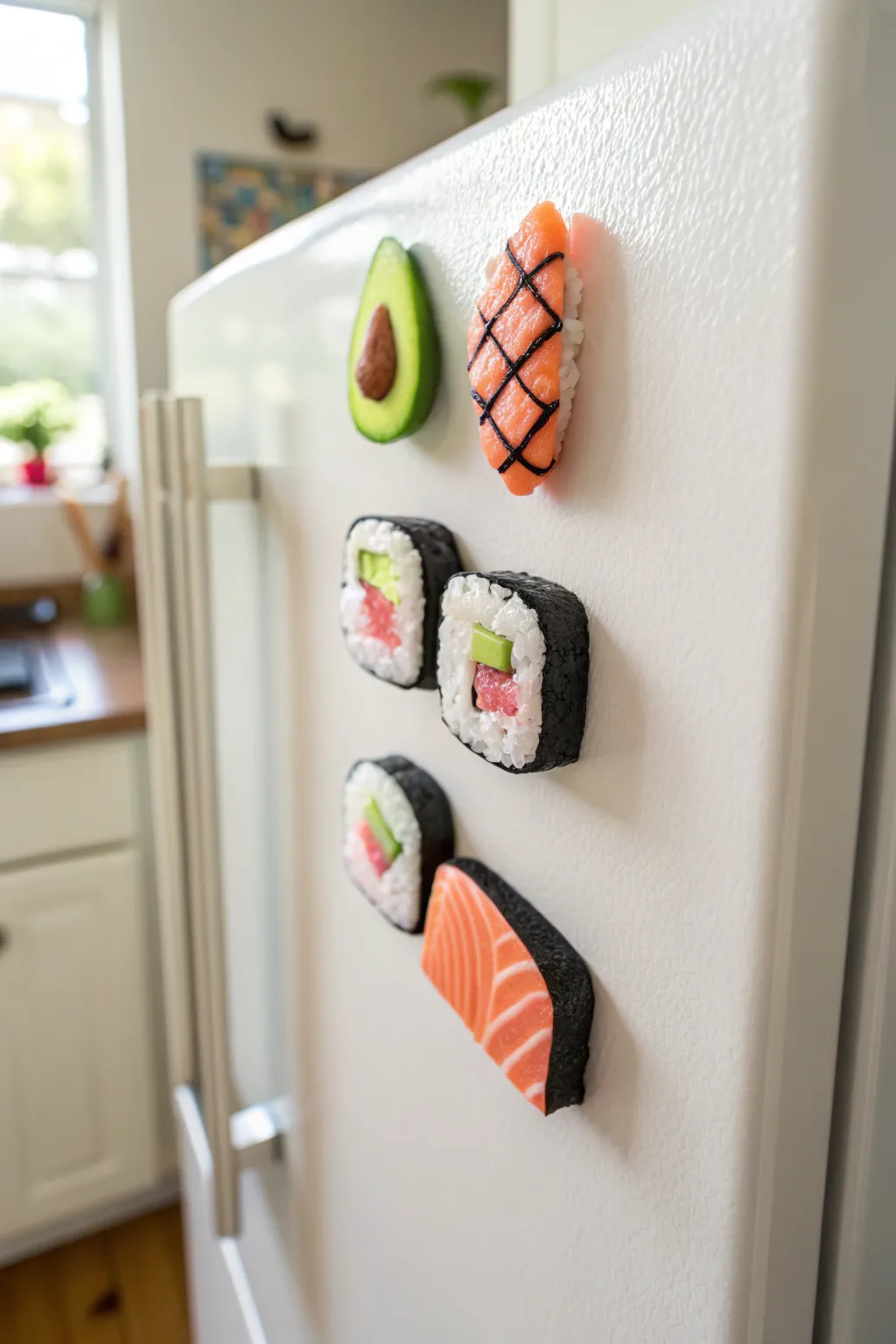 Cute DIY sushi clay magnet trio with glossy finish, minimal Scandinavian styling for your fridge.
