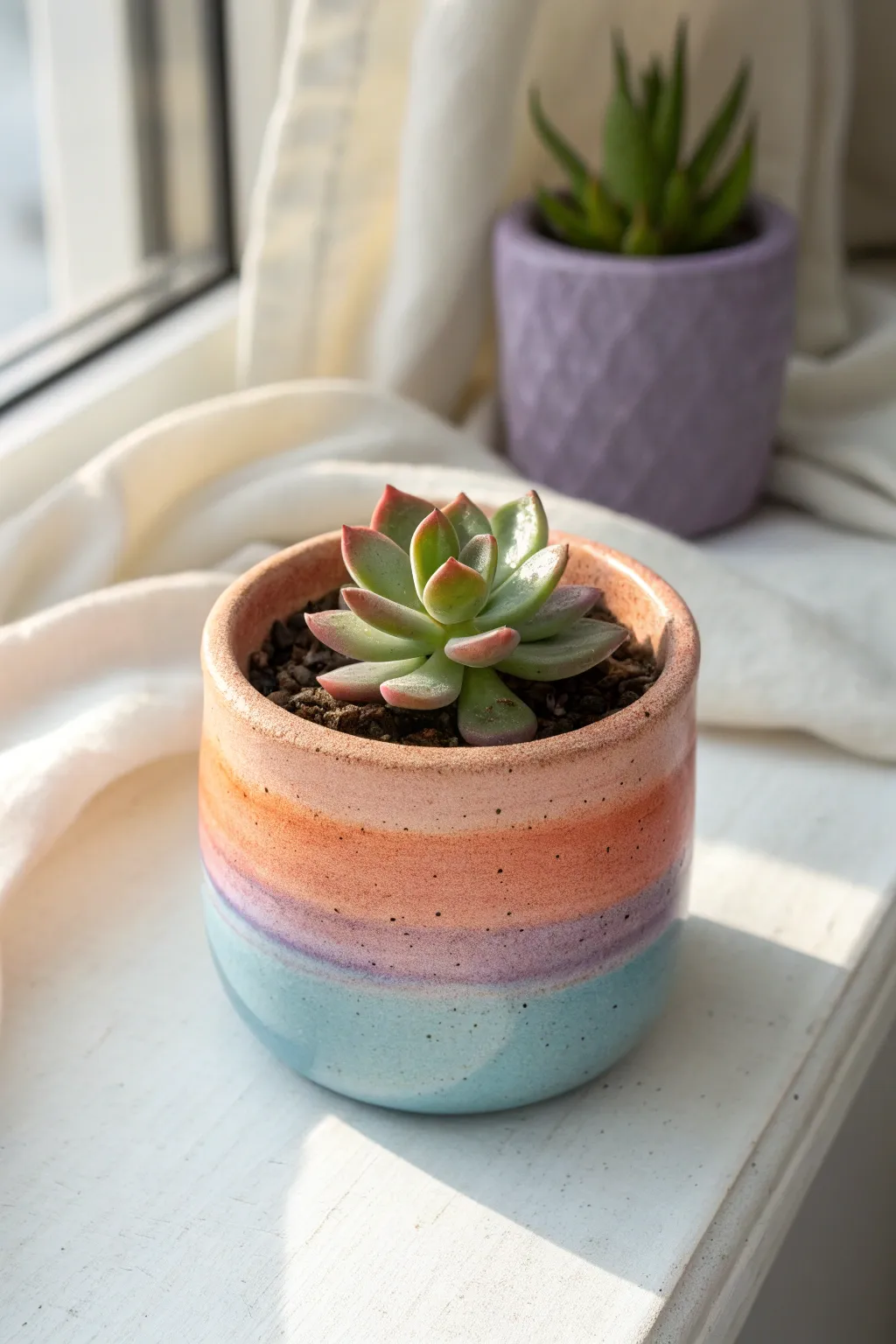 Rainbow ombre clay pot with a tiny succulent, clean Scandinavian styling and soft daylight.