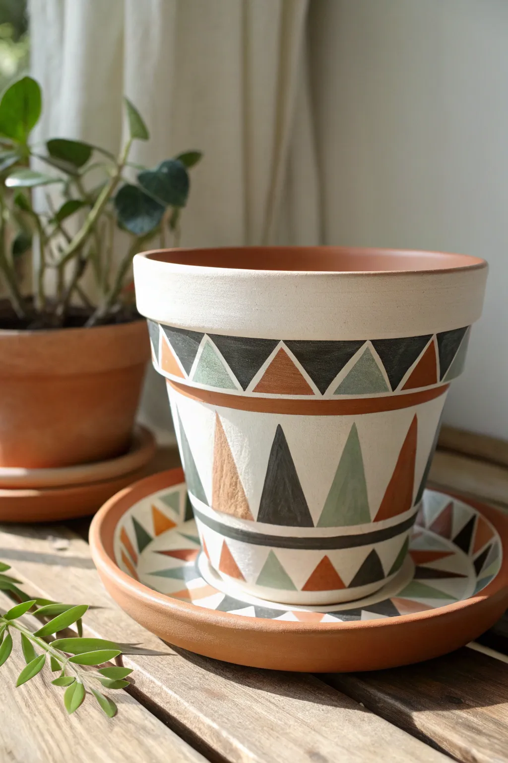 Clean geometric tape patterns on a terracotta pot for an easy, modern DIY paint upgrade