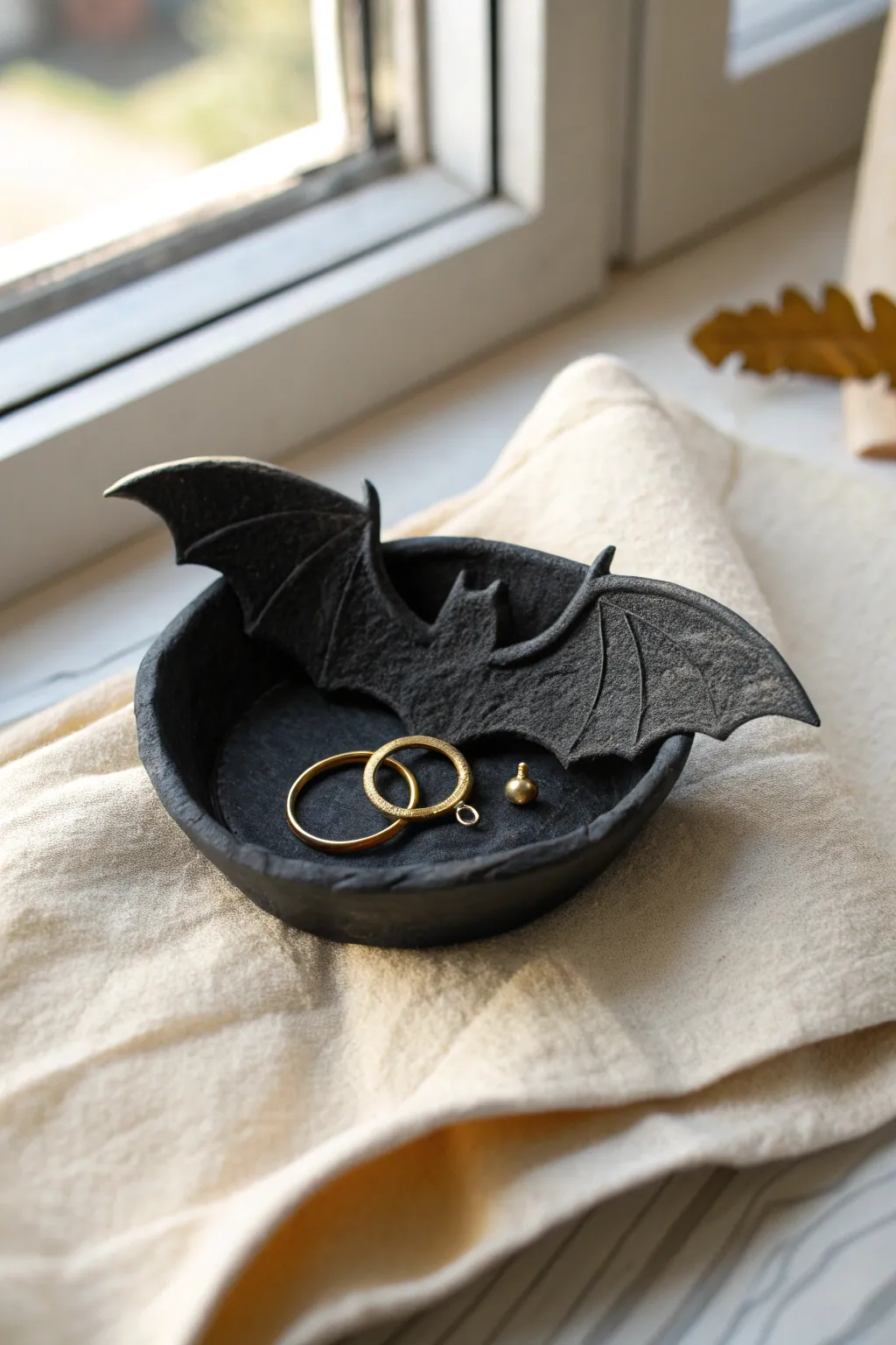 Matte-black bat wing trinket dish for rings and earrings, minimalist Halloween clay decor