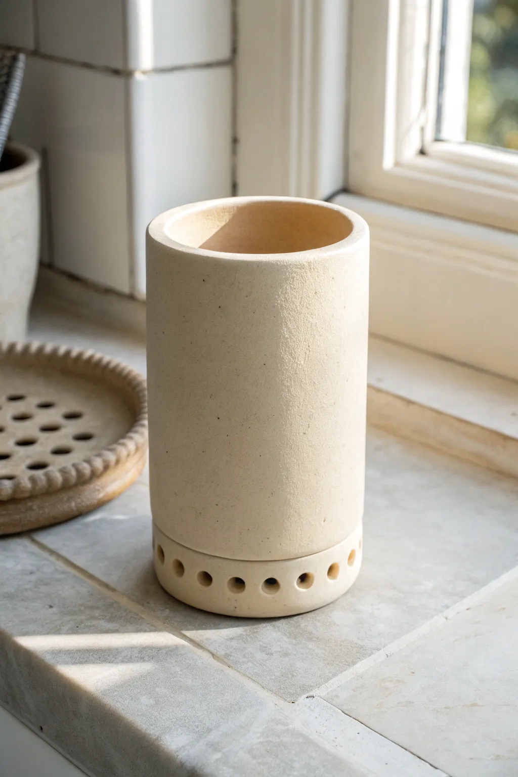 Minimal air dry clay tumbler toothbrush holder with drainage holes, bright and airy bathroom styling
