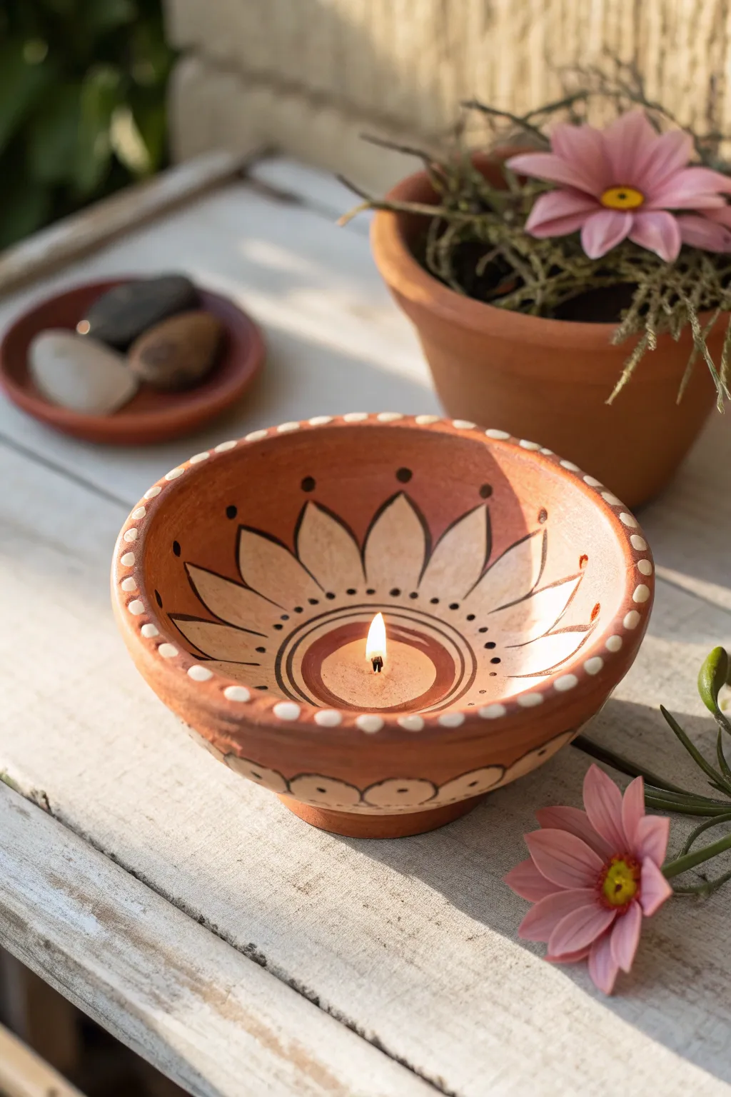 Easy two-tone petal flower inside a diya bowl, minimal yet warm for a cozy handmade glow