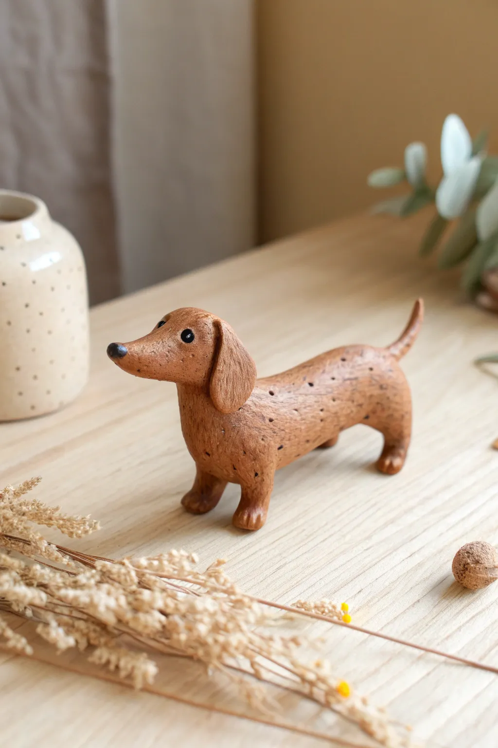 Cute long-body dachshund clay mini with simple shapes, warm tones, and crisp contrast