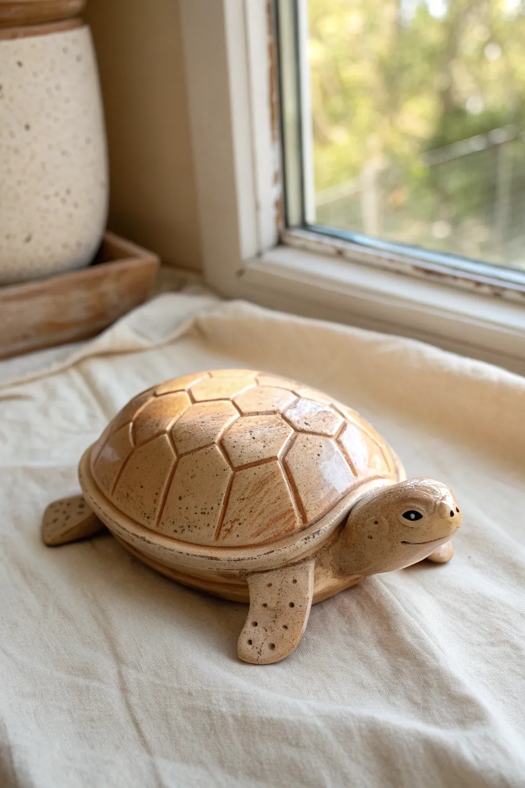 Double pinch pot turtle with a textured shell dome in earthy tones, minimal and charming