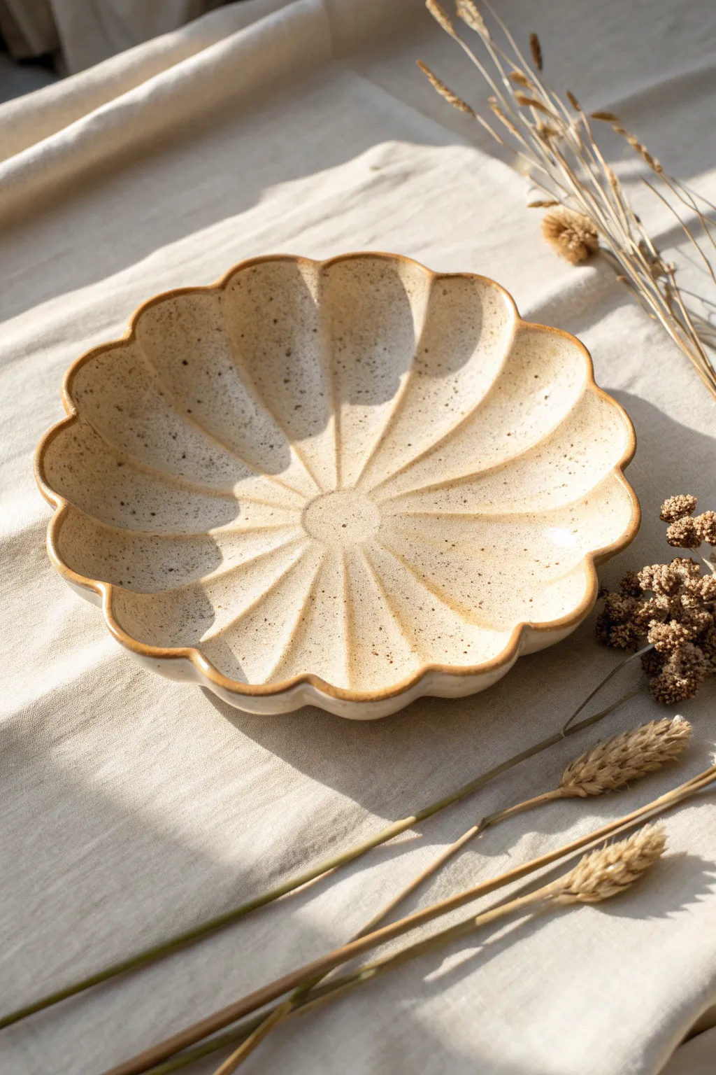 Petal-ripple drape-mold platter in soft ivory, styled simply with dried stems and warm light