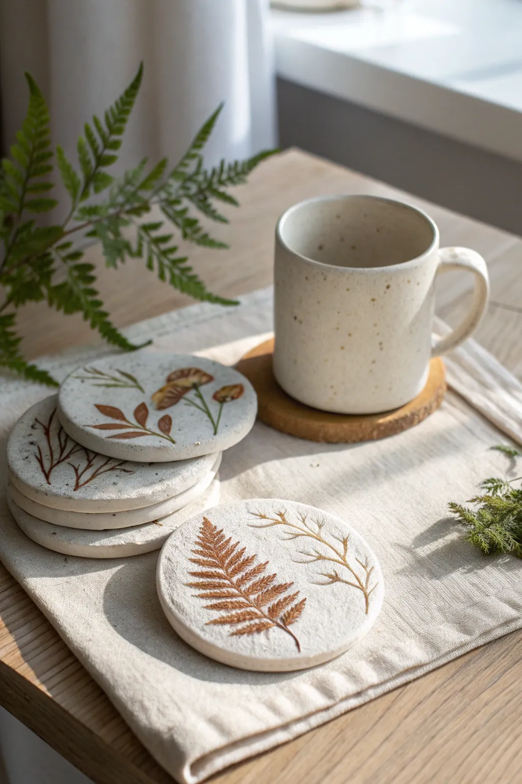 Minimal air-dry clay leaf-imprint coasters in soft whitewash, styled with a simple mug