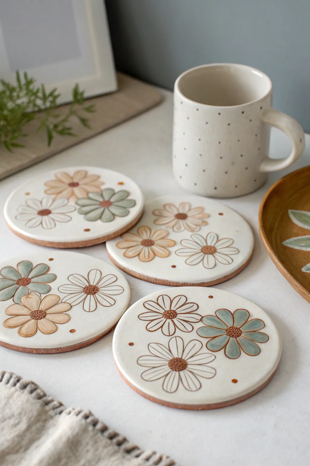 Soft, minimal air-dry clay coasters in round and flower shapes with delicate painted details