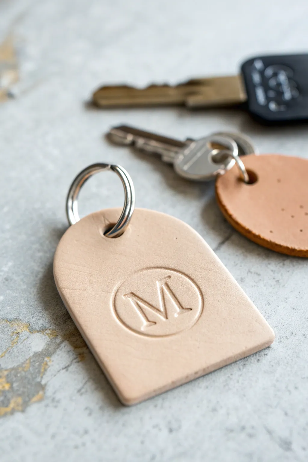 Air-dry clay monogram keychain tag: a beginner-friendly project with minimalist Scandinavian style.