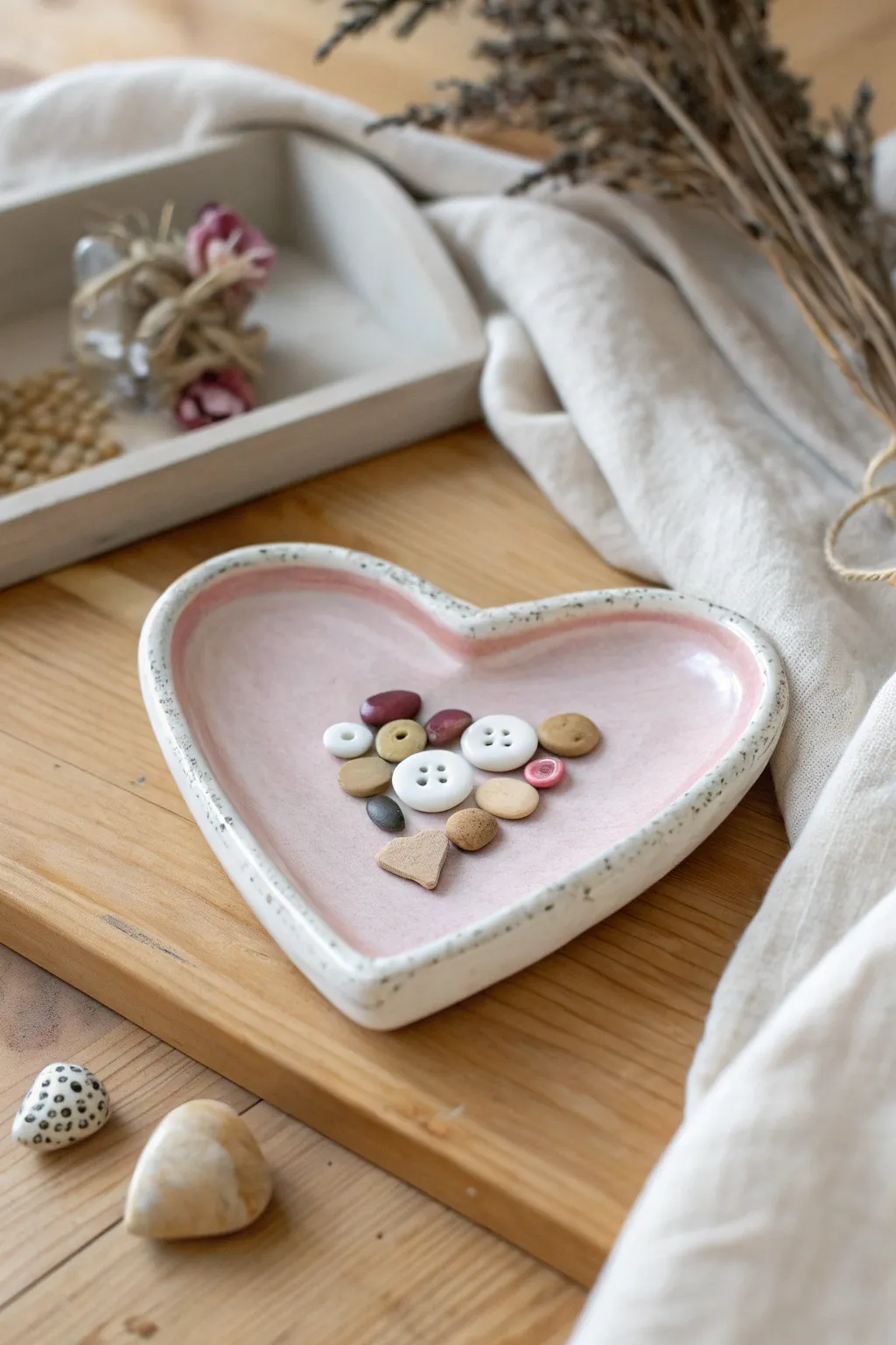 Sweet air-dry clay heart trinket tray with simple two-tone edge for tiny kid treasures