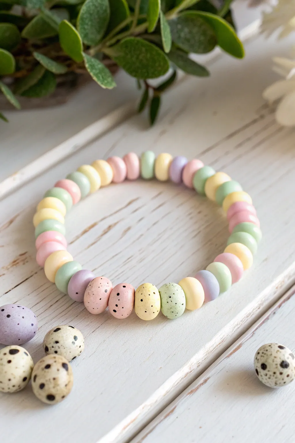 Pastel heishi bracelet with speckled egg beads for a soft Scandinavian spring Easter look