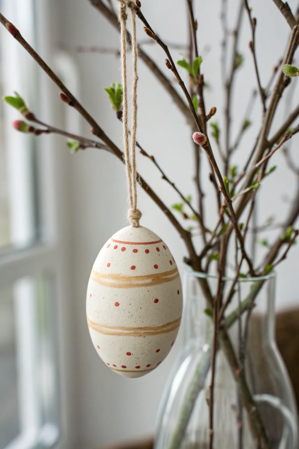 Simple ceramic egg ornament with hand-painted dots, hanging on spring branches for Easter calm.