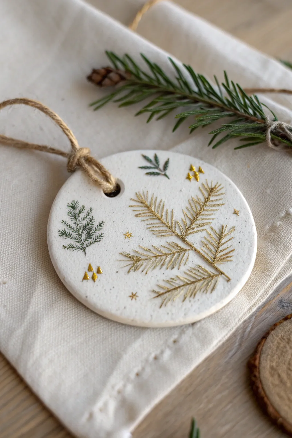 Leaf-print air dry clay evergreen ornament with twine loop and soft metallic glow, minimalist boho.