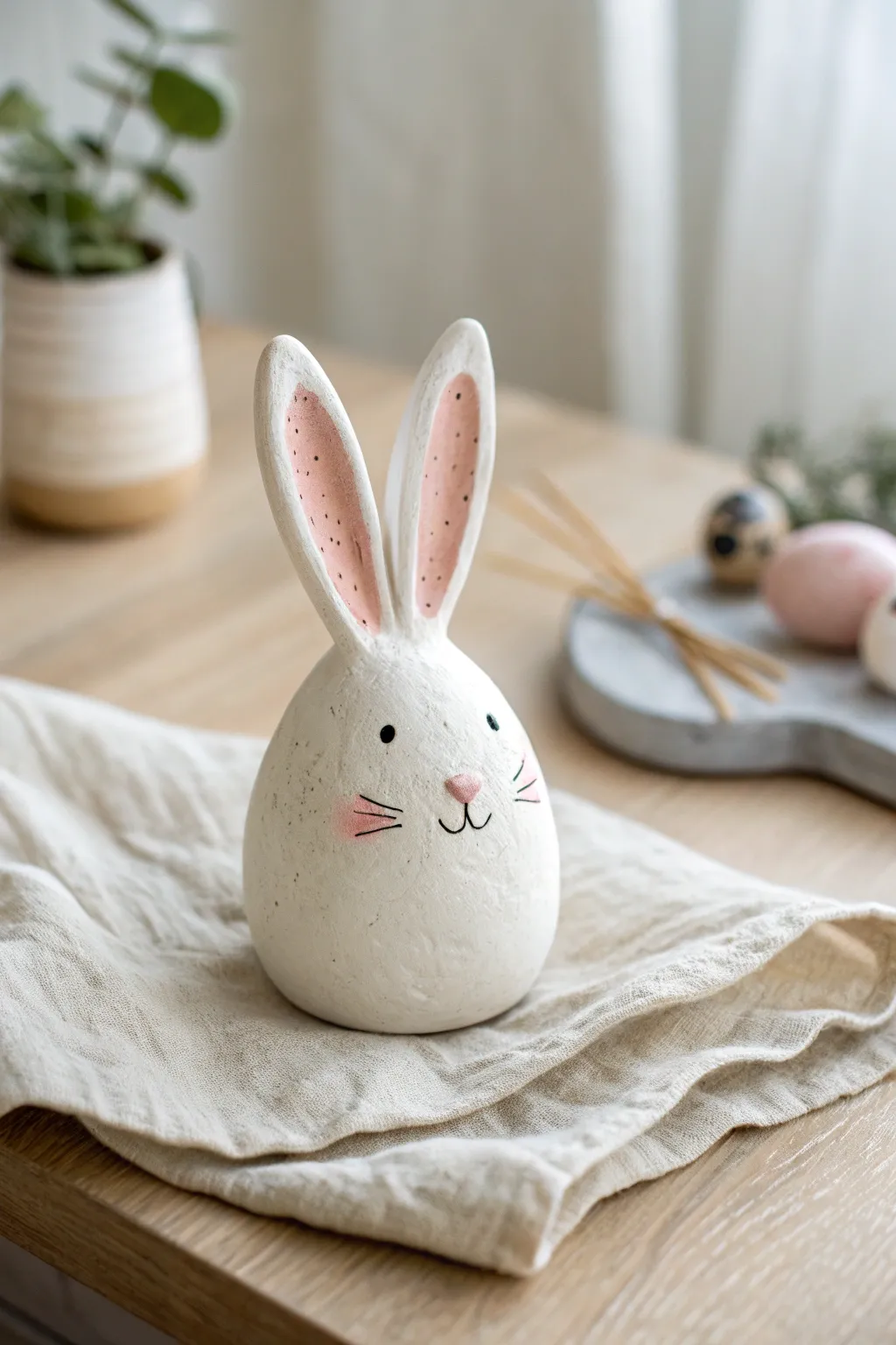Easy long-eared air dry clay bunny in soft white and blush, minimalist and sweet
