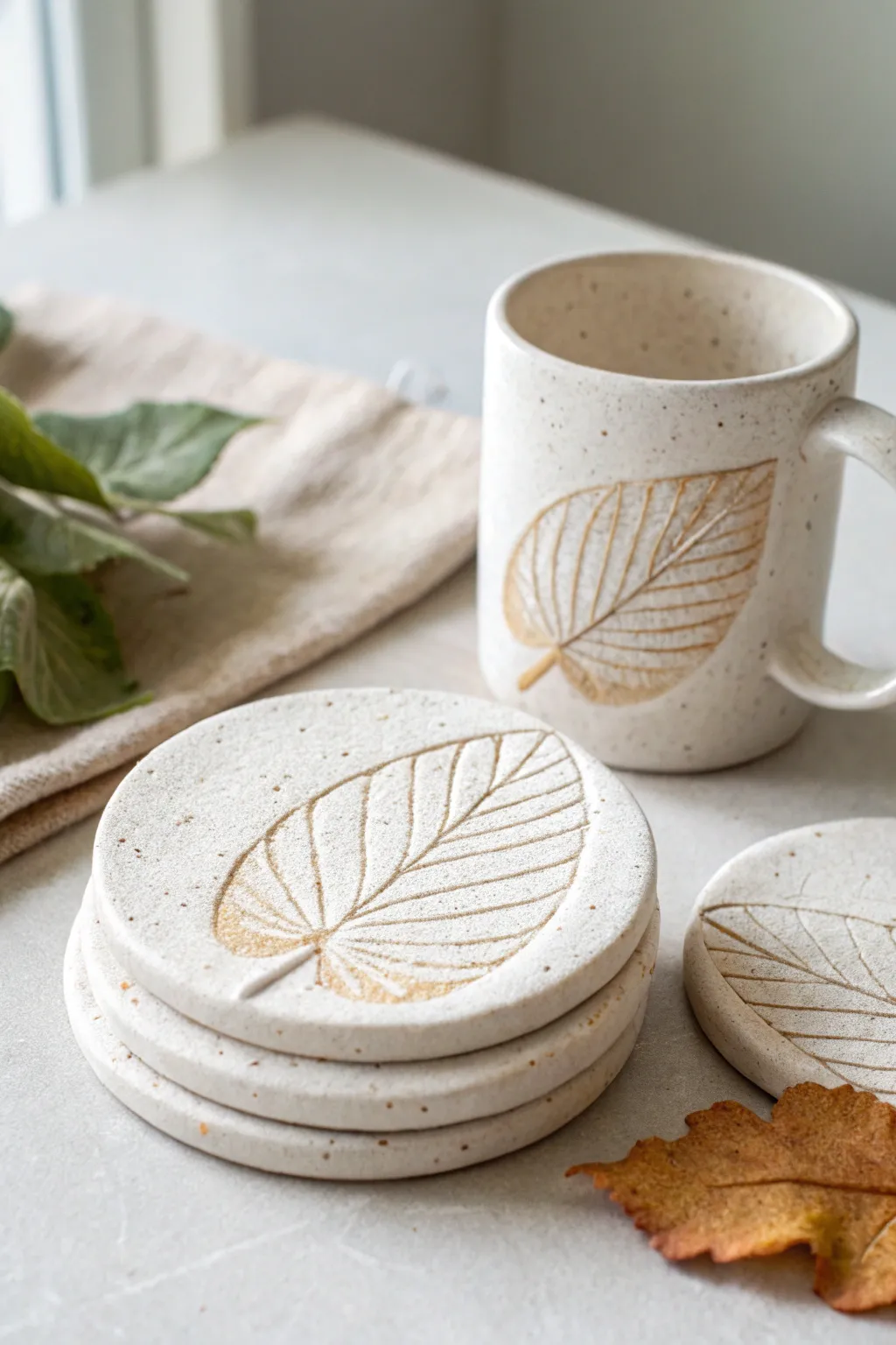 Minimal leaf-imprint air dry clay coasters stacked neatly for a calm, natural table moment.