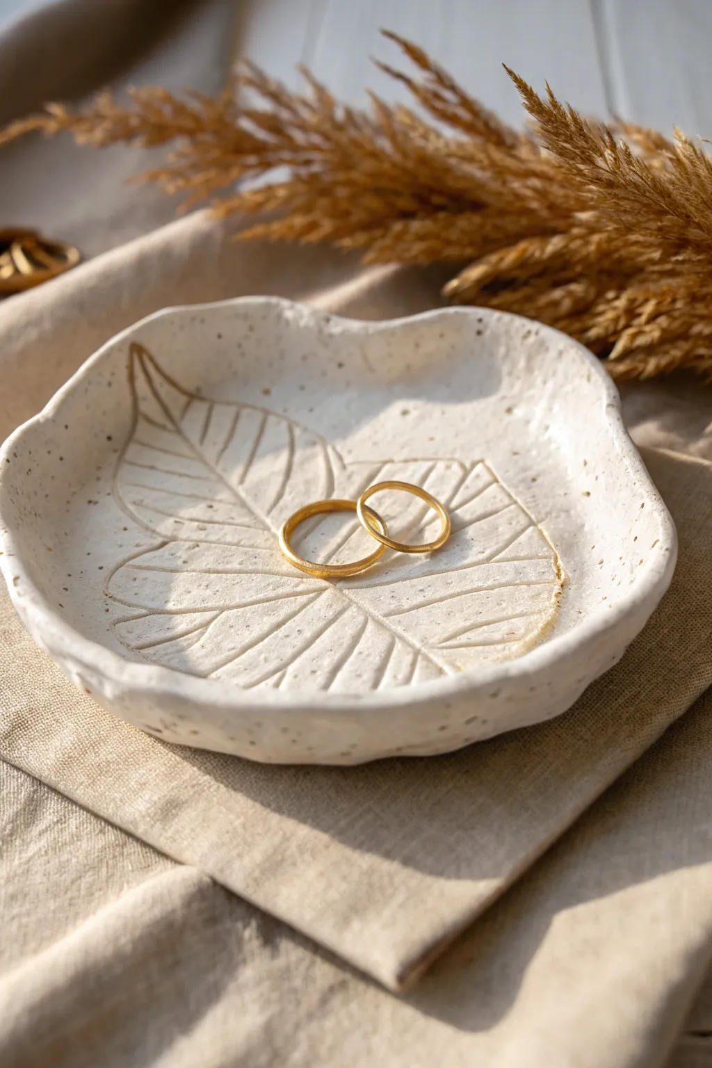 Leaf-impressed ceramic trinket dish with soft curves, a simple handmade spot for rings.