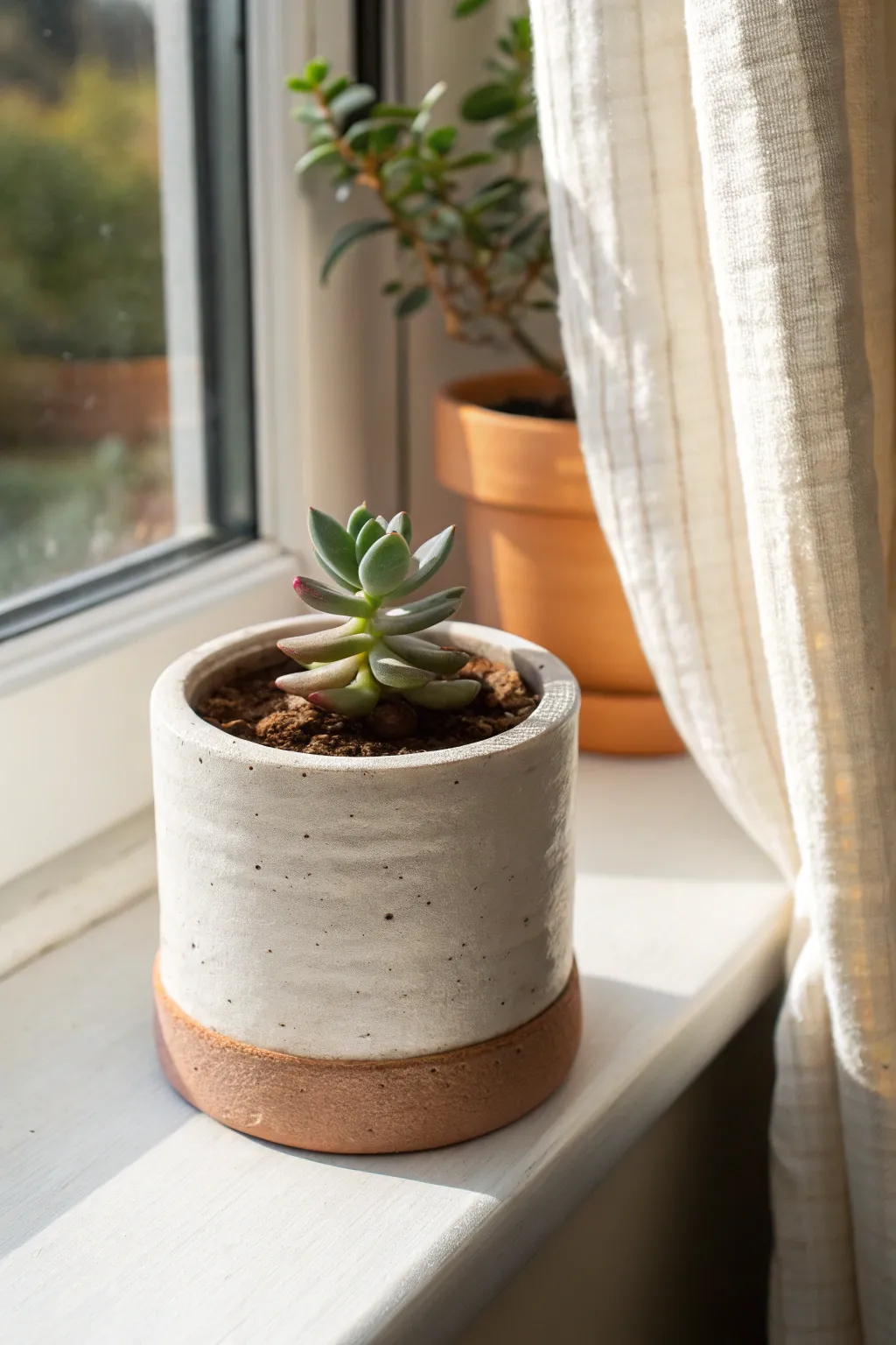 Coil-built mini planter with tiny succulent, sunlit and simple for an easy ceramic win.