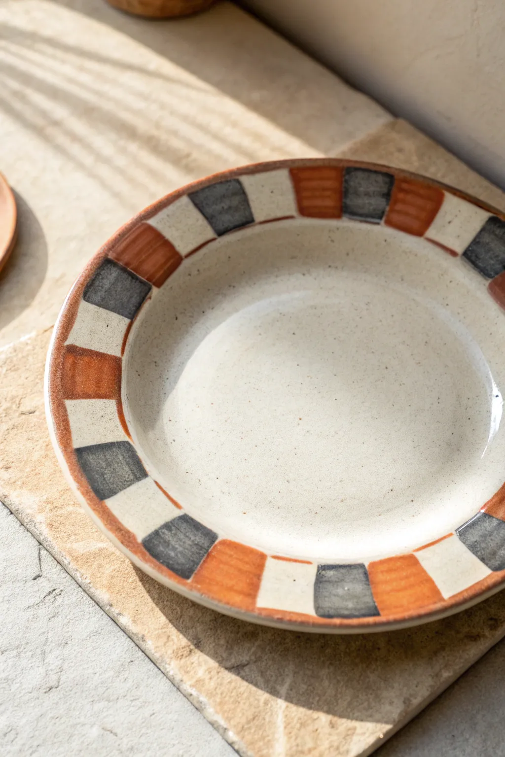 Chunky two-tone checkerboard rim for an easy, modern plate design with a handmade touch.