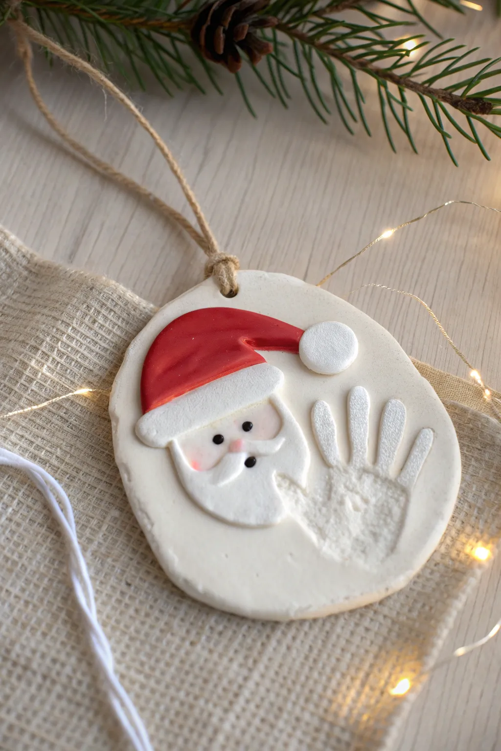 Handprint Santa clay ornament with red hat and snowy beard, a simple cozy Christmas keepsake.