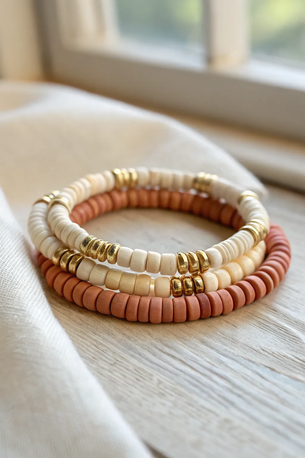 Simple heishi clay bead bracelet with gold spacers for an elevated, finished minimalist look.