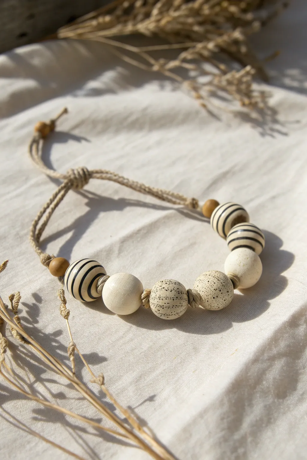 Simple striped clay bead bracelet in neutral tones, a quick DIY pattern that looks polished.