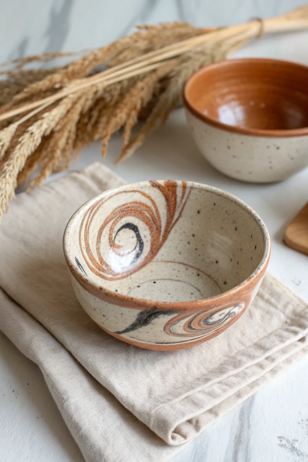 Marbled swirl mini bowl with soft clay veins and minimalist styling for easy DIY bowl inspiration.