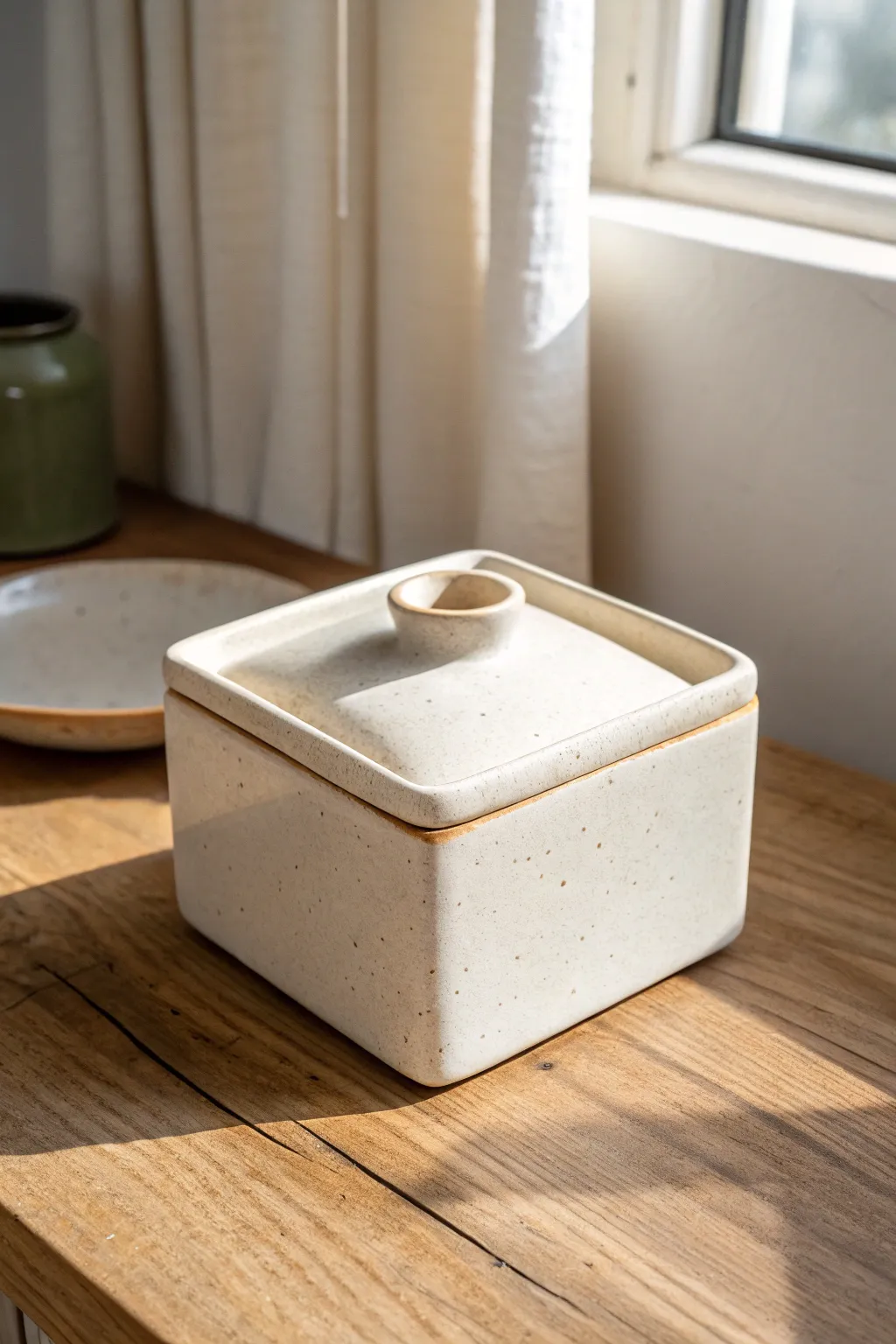 Square gallery-lid clay box, slightly ajar to showcase the perfect nesting rim and clean lines.