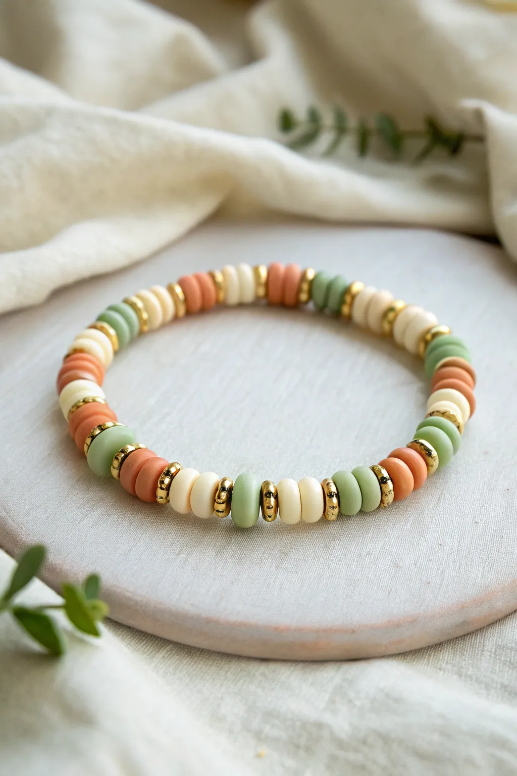 Simple striped clay bracelet with tiny gold spacer beads, styled in a clean Scandinavian look.