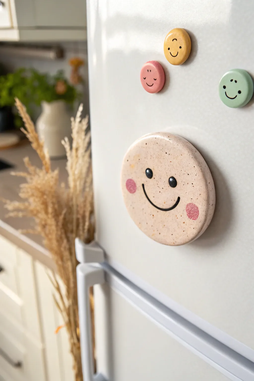 Pastel smiley clay magnet pops on a matte white fridge, Scandinavian minimal with boho warmth.