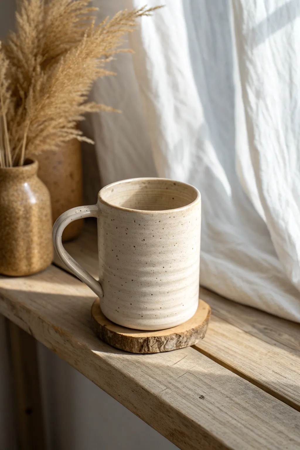 Minimal strap-handle mug in a single satin glaze, styled simply for everyday Scandinavian calm