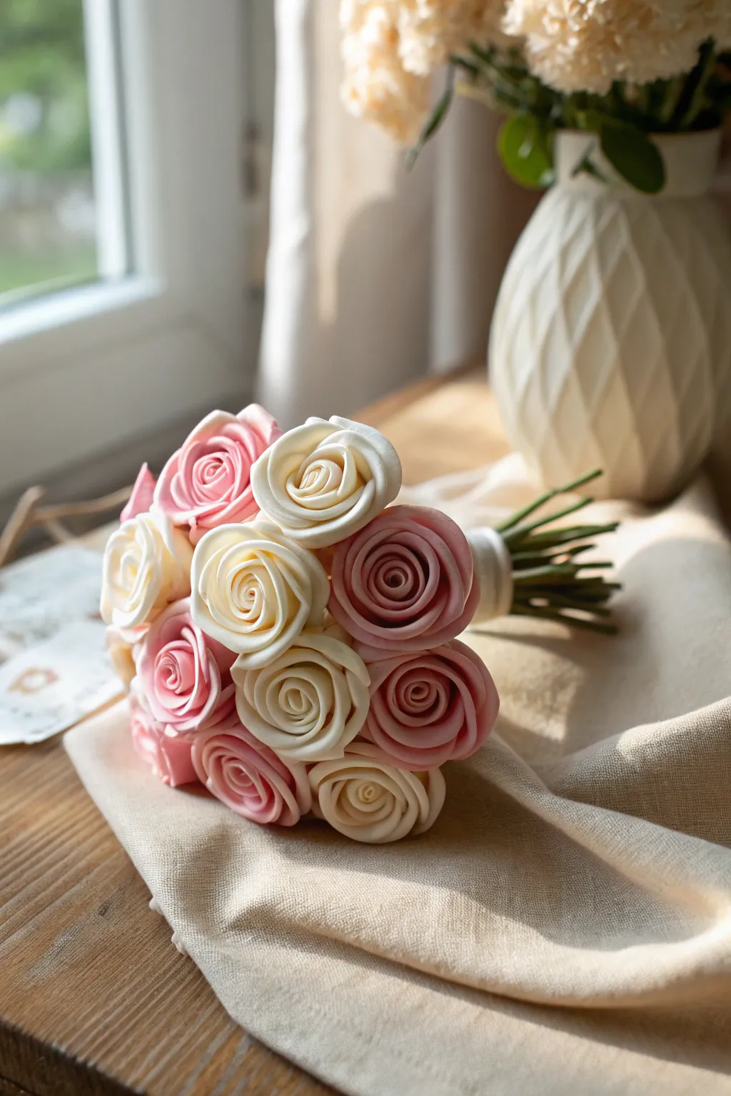 Soft blush and cream clay rolled rose buds arranged as a simple mini bouquet on linen.
