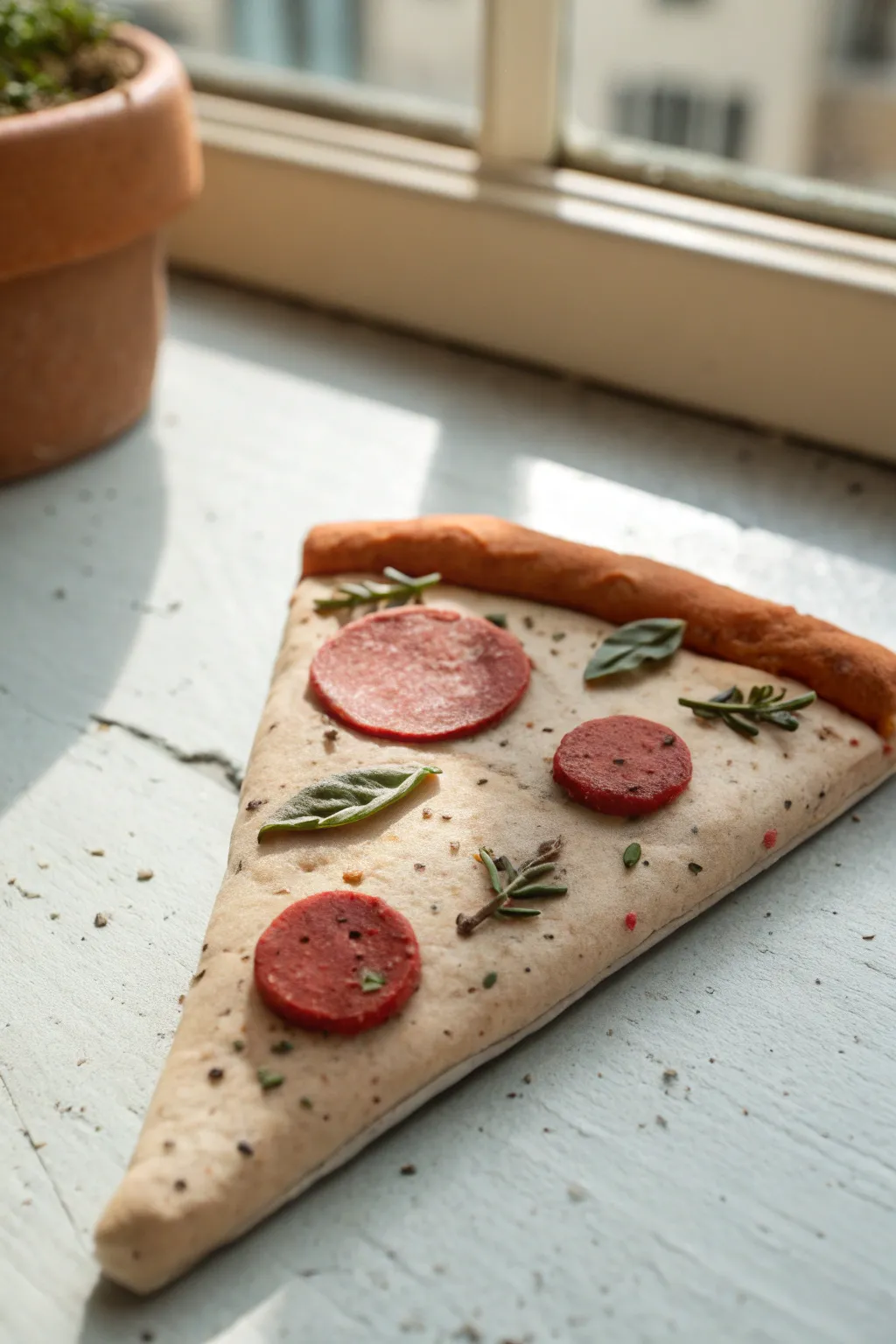 Beginner-friendly clay pizza slice with simple toppings, styled in a warm minimalist scene