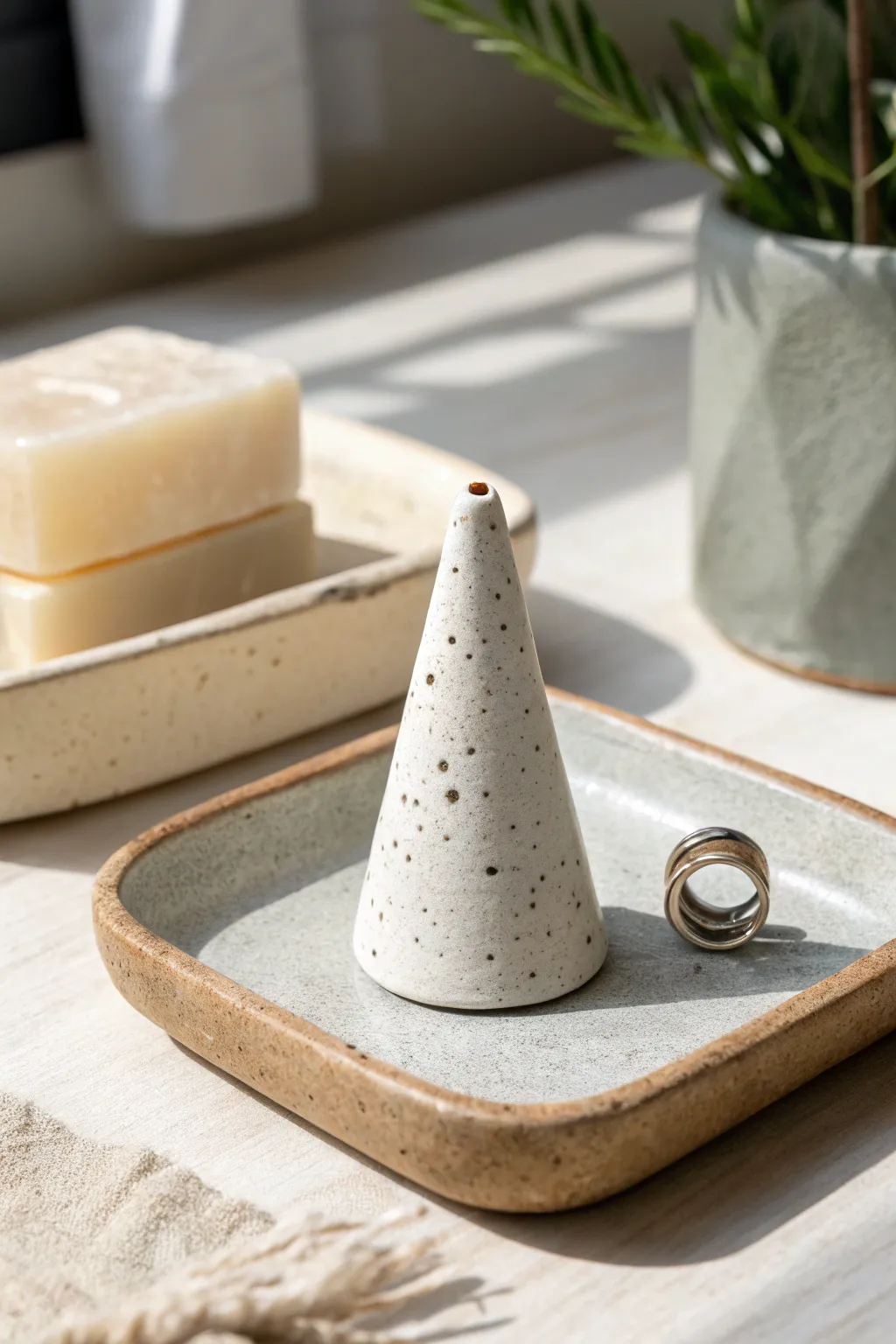 Simple speckled cone ring holder for the sink, minimalist and handmade with a soft boho feel