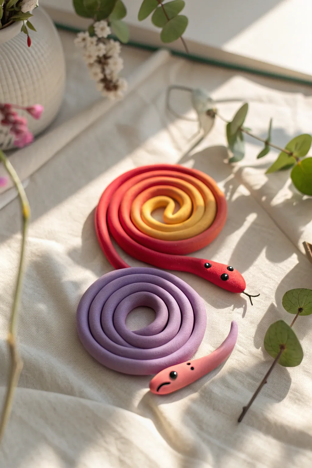 Three rainbow coil snakes in simple clay, a bright and adorable preschool craft with clean styling.