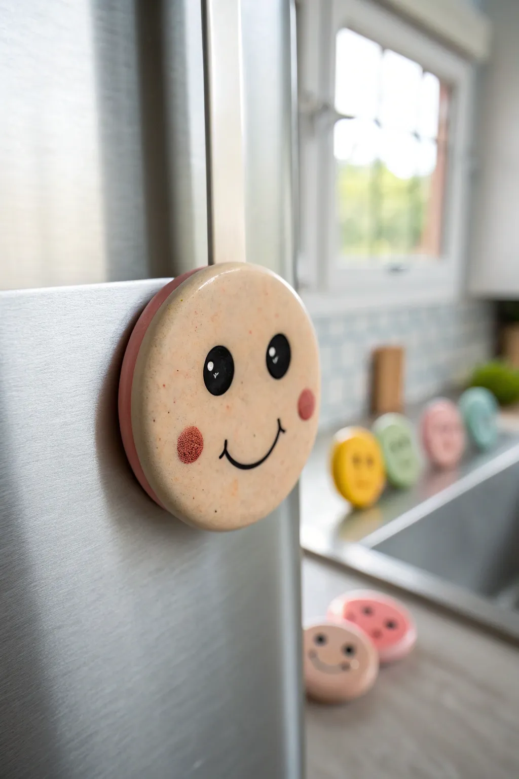 Pastel clay smiley magnets for a minimalist fridge, sweet kawaii faces with a boho touch