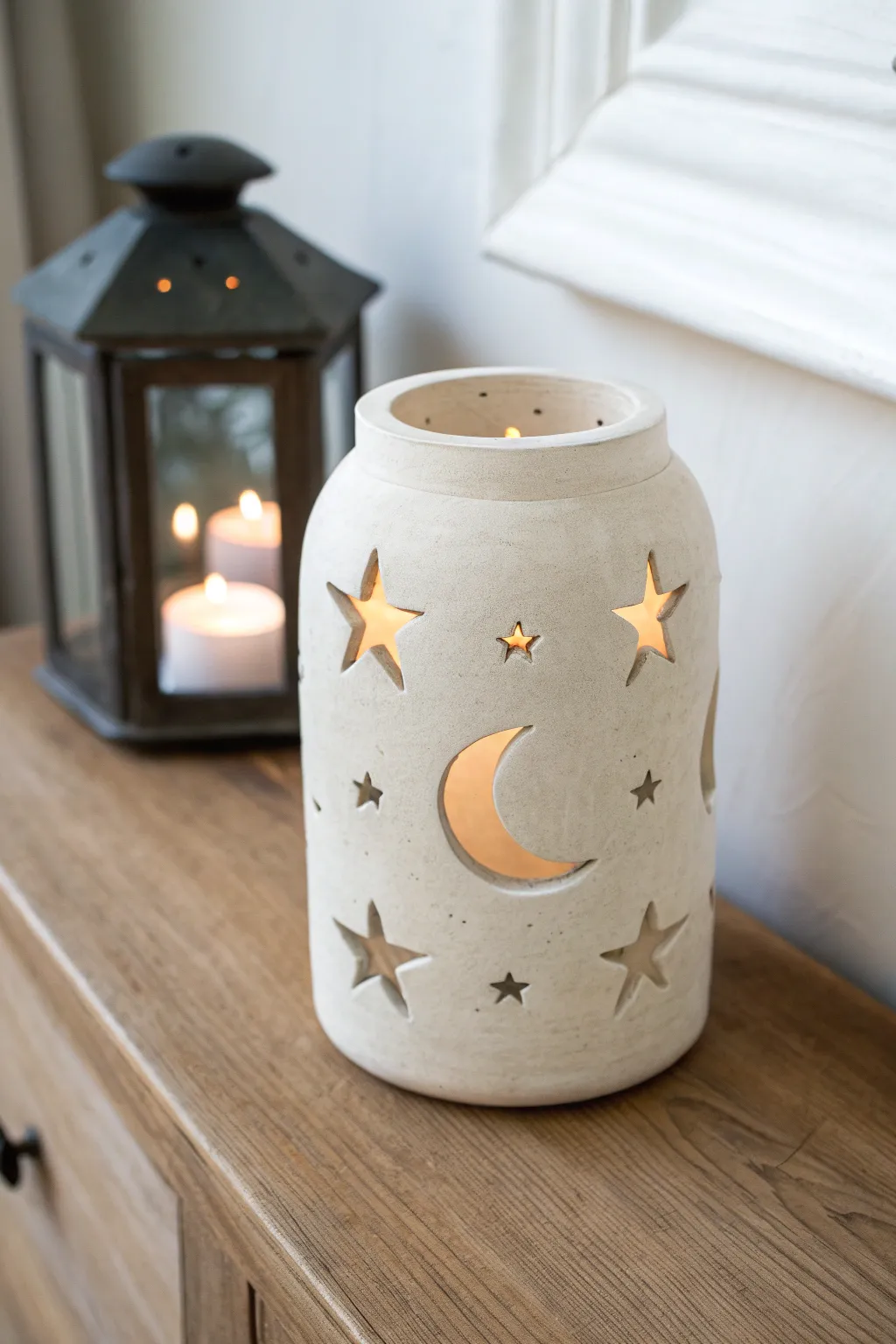 Minimal clay lantern with star and moon cutouts, casting a cozy celestial glow on the wall.