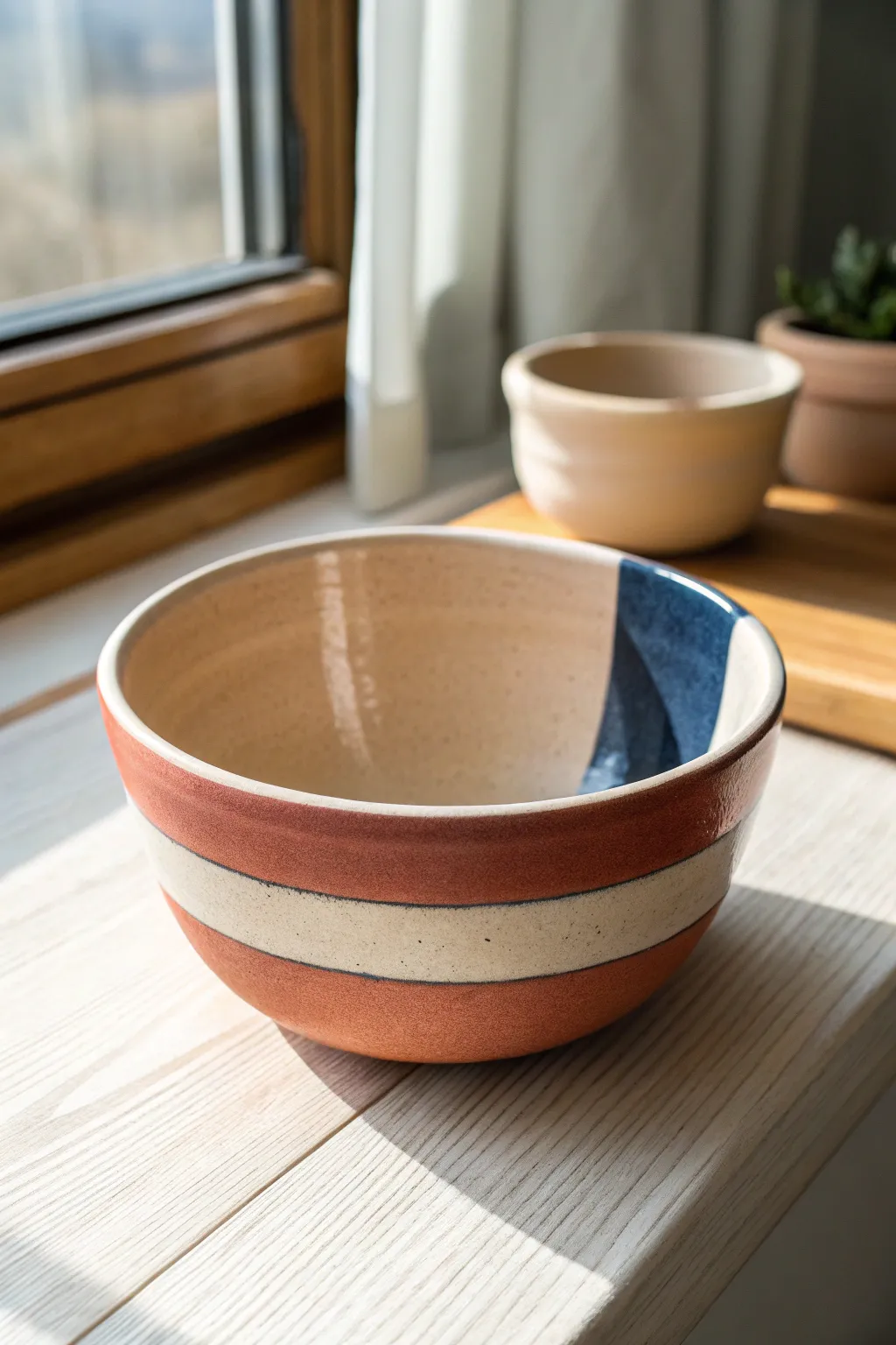 Bold color block bands on a small clay bowl, simple and modern for easy clay painting.