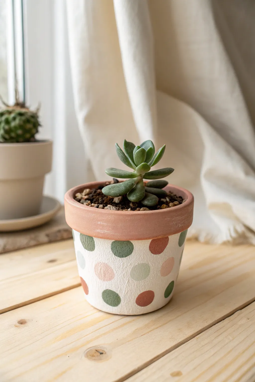Quick polka dot terracotta pot with tiny succulent, minimalist boho charm for any shelf.