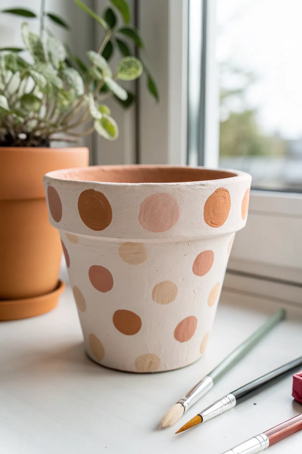 Cute polka dot clay pot on a pastel backdrop, minimalist and playful with handmade charm