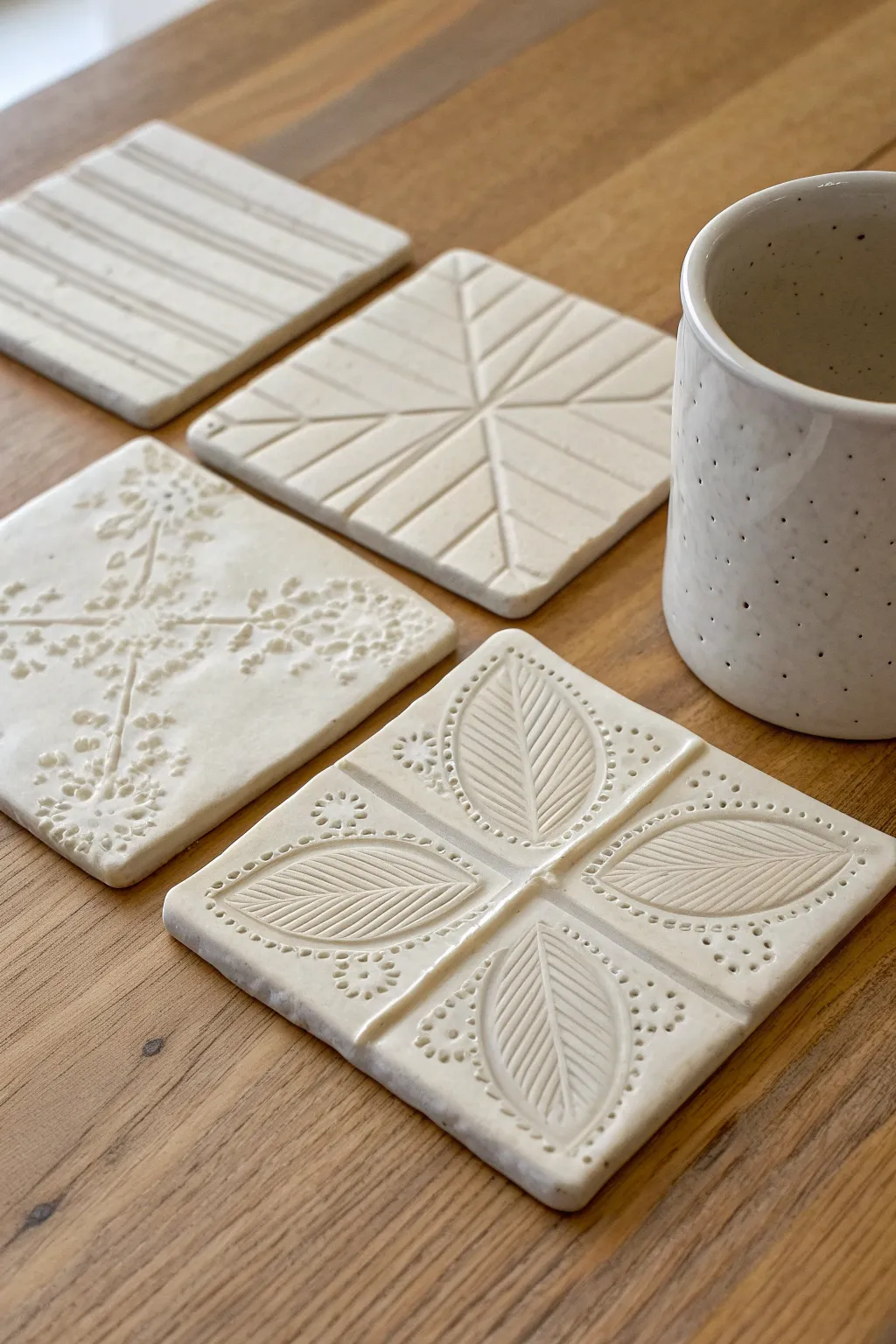 Easy textured slab coasters with simple imprints, minimalist styling, and natural handmade charm.