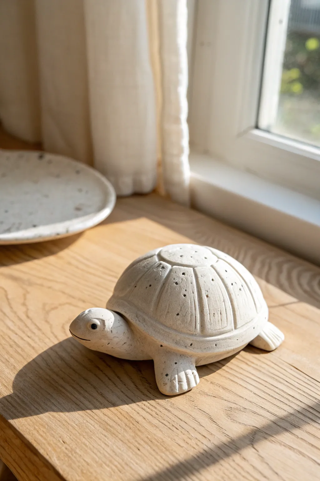Sweet little clay turtle with a textured shell, styled in a cozy minimalist Scandinavian vibe