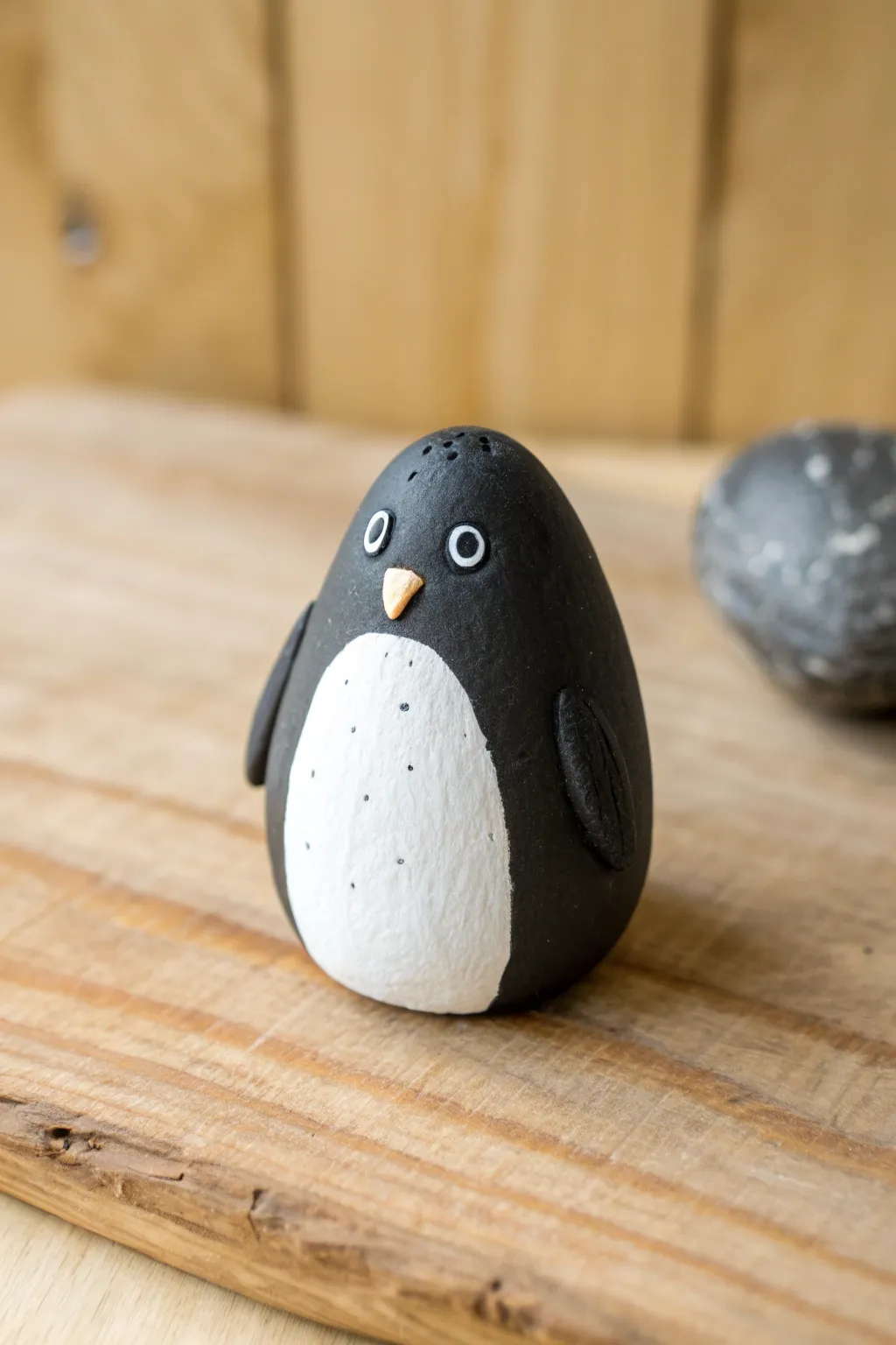 Tiny clay penguin with a crisp white belly, simple and sweet for kids to sculpt at home.