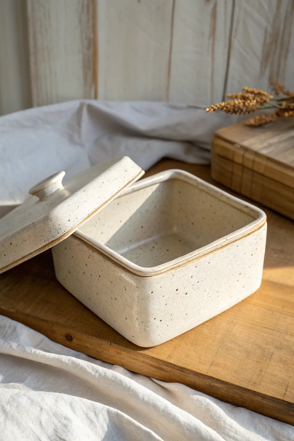 Minimal slab box with a notched lid fit, shown slightly lifted to highlight the easy nesting corners